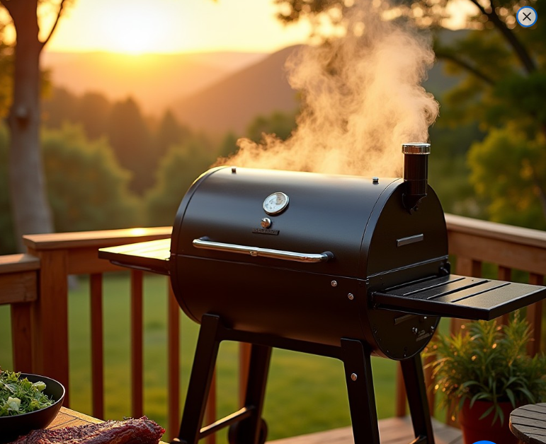 Traeger grill on a wooden deck with fresh ingredients ready to cook.