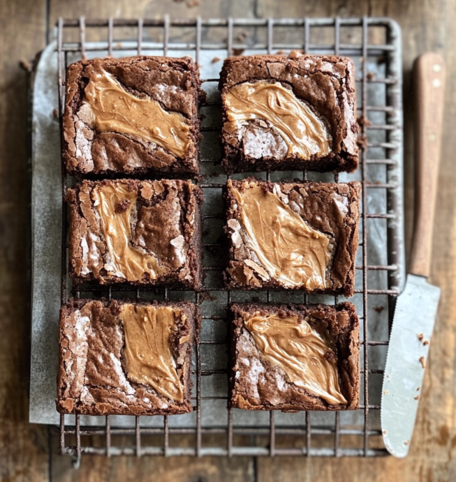 six peanut butter brownies presented on top a tray, over a stylish wooden counter.