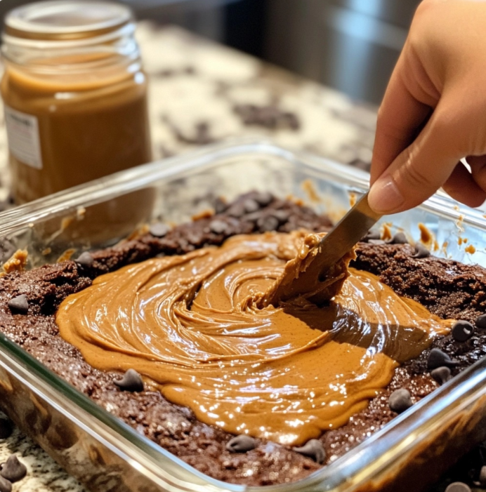 swirled peanut butter in a brownie mix