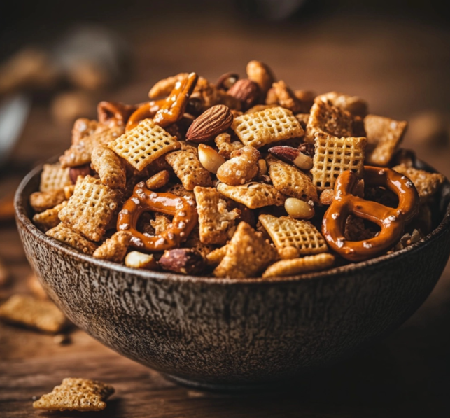 Bowl. neatly presented. chex mix recipe.