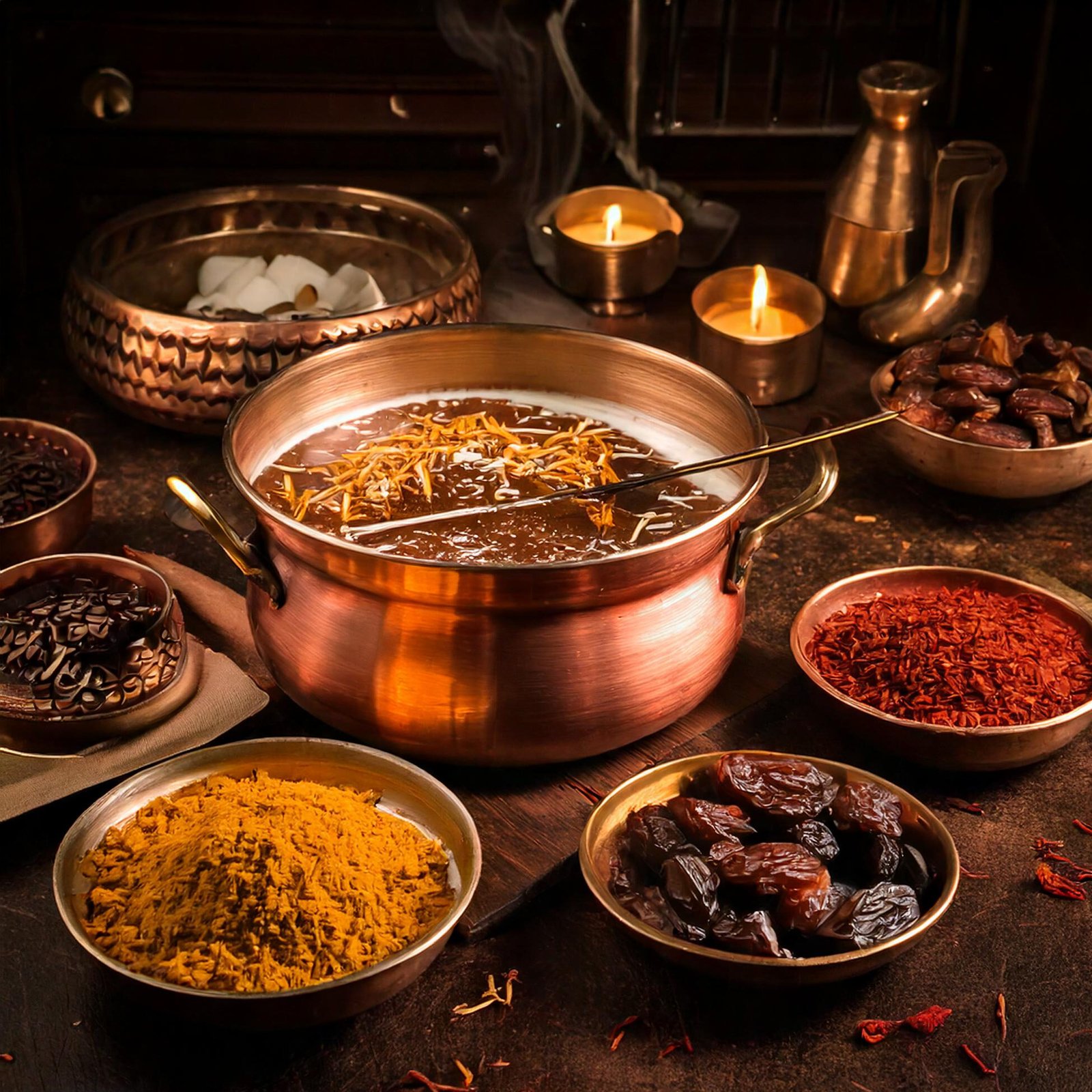 A-cozy-intimate-kitchen-scene-showcasing-melting-chocolate-in-a-copper-saucepan-saffron