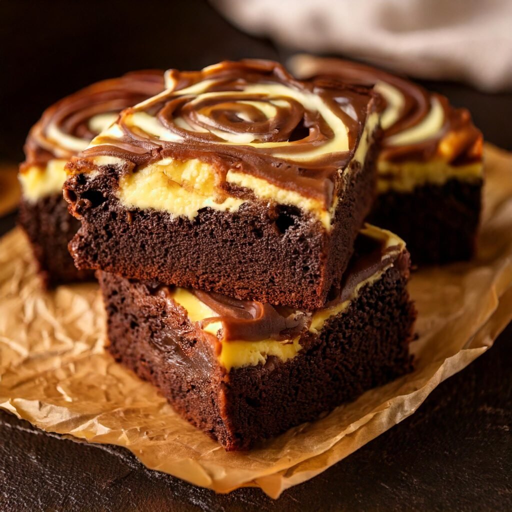 Luscious marbled cheesecake brownies made with Ghirardelli chocolate mix