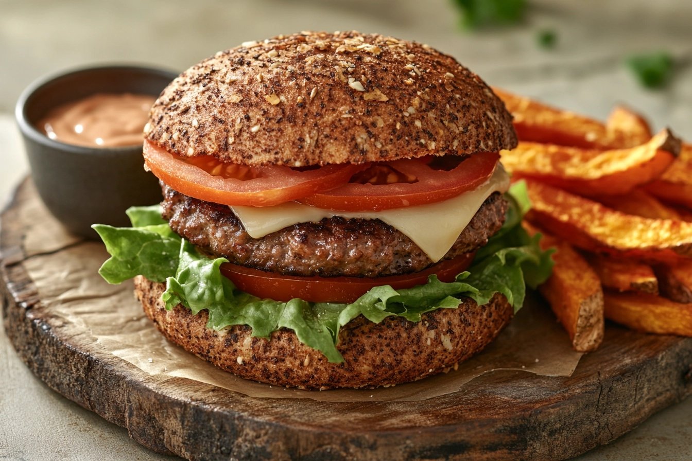 Juicy burger with whole-grain bun and sweet potato fries