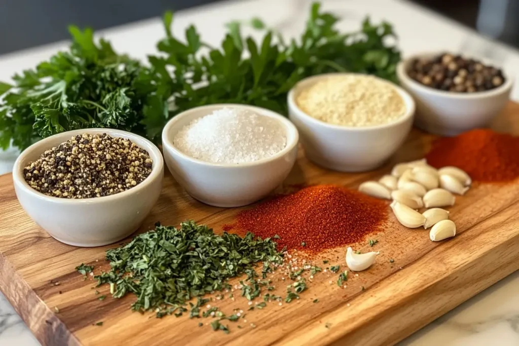 Burger seasoning ingredients including salt, pepper, and herbs