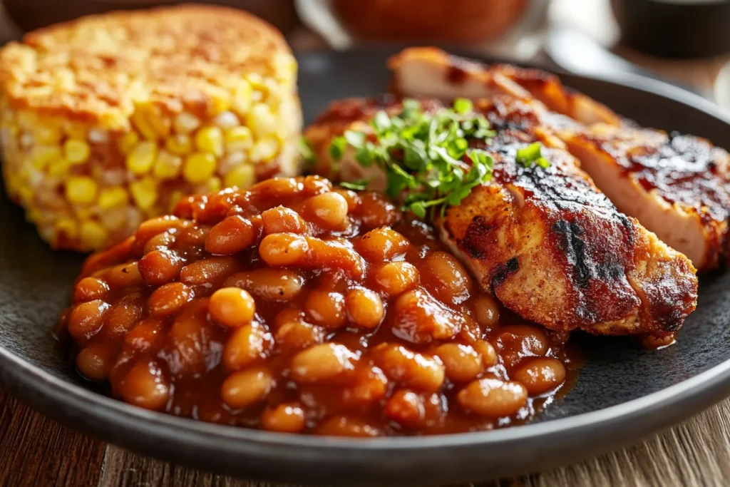 A-dinner-plate-with-baked-beans-grilled-chicken-and-cornbread