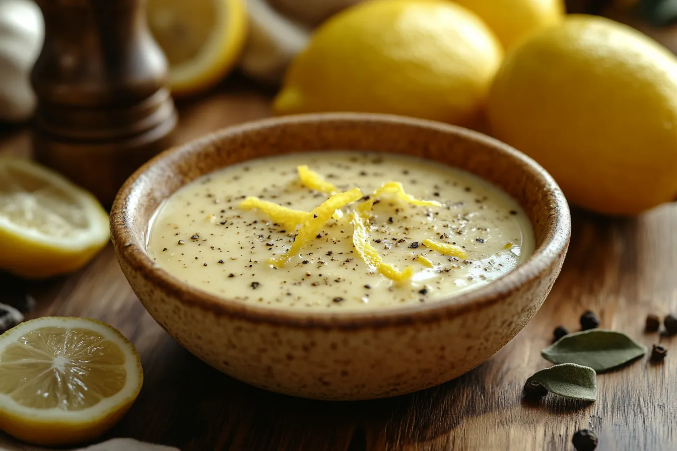 A fresh bowl of lemon pepper sauce with lemon zest and black pepper