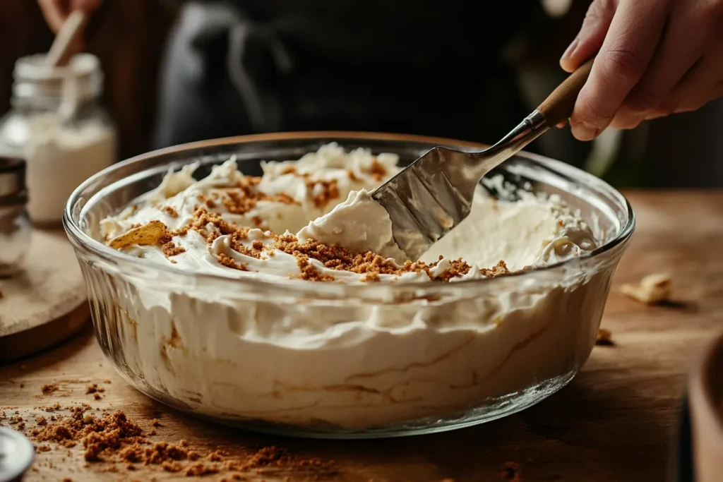 A person spreading a creamy taco dip recipe base in a glass dish with a spatula