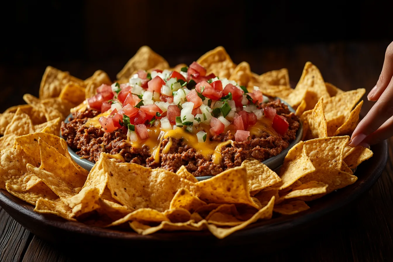 A plate of crispy tortilla chips surrounding a bowl of taco dip recipe