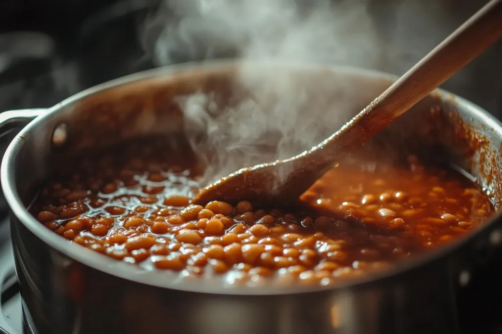 A pot of baked beans simmering on the stovetop with a wooden spoon.