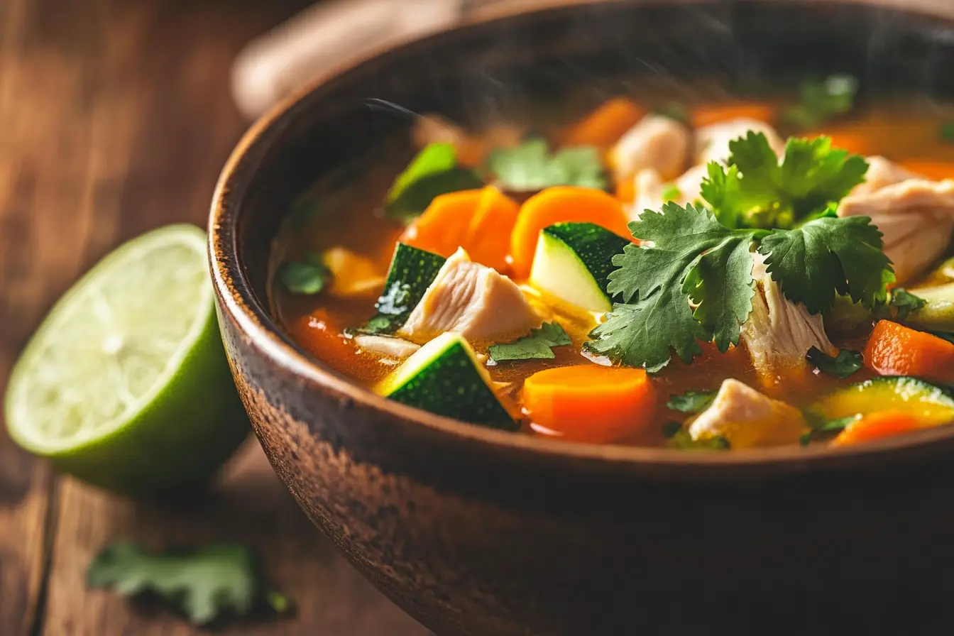 A steaming bowl of caldo de pollo with vegetables and cilantro