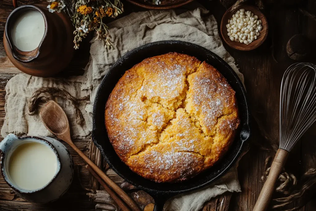 A cast iron skillet with golden Southern cornbread on a rustic table.