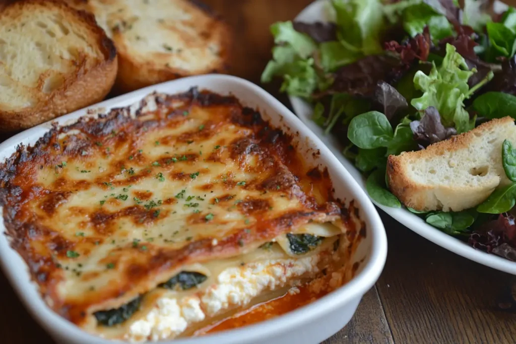 Cottage cheese lasagna with spinach and marinara sauce.