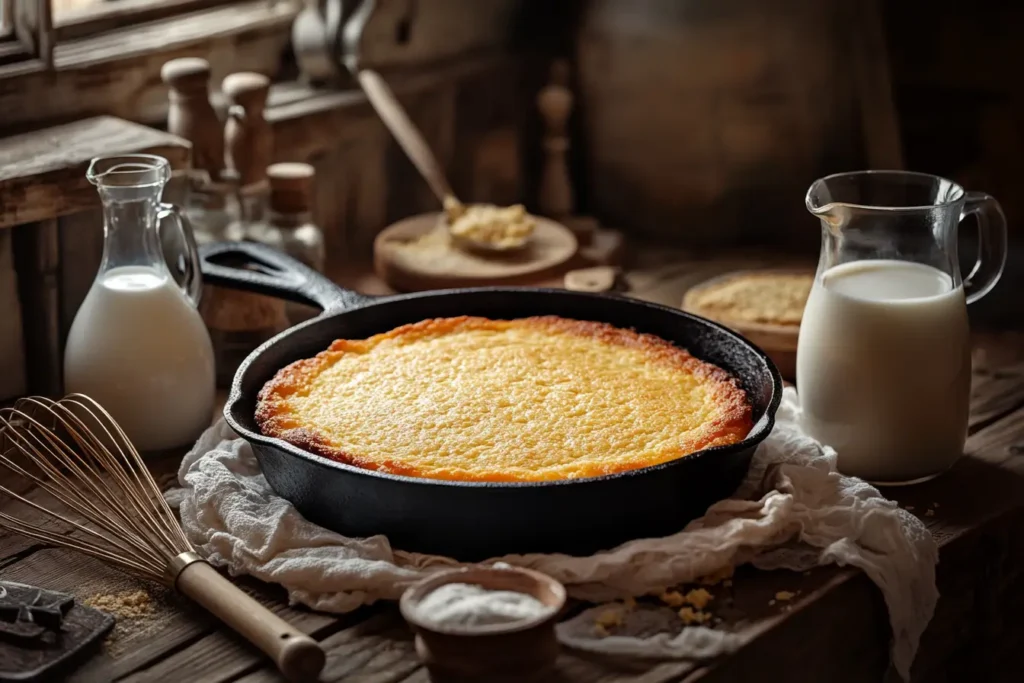 A cast iron skillet with cornbread, surrounded by milk, buttermilk, and ingredients.