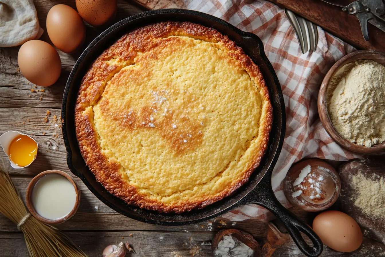 A skillet of golden Southern cornbread with ingredients on a wooden table