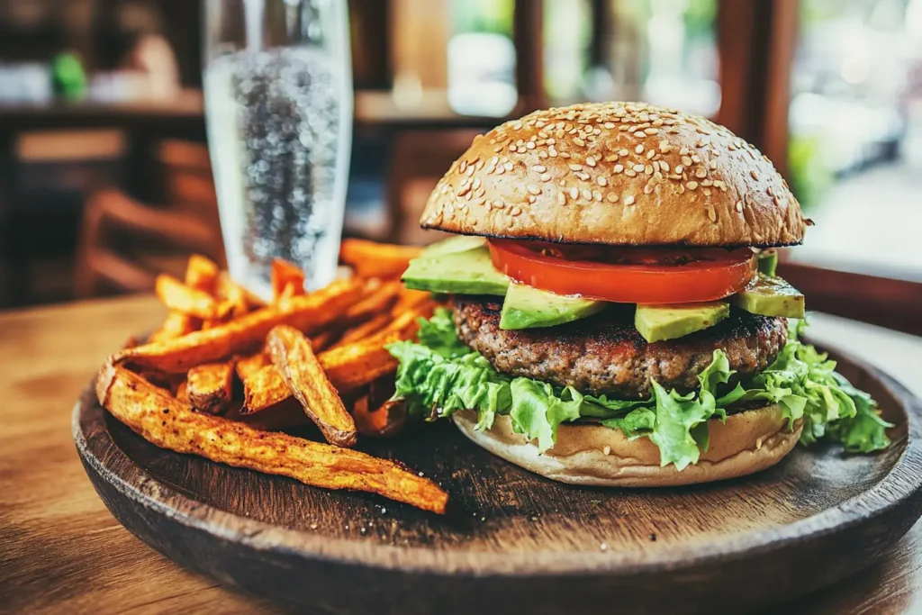 Healthier hamburger with whole-grain bun, sweet potato fries, and sparkling water