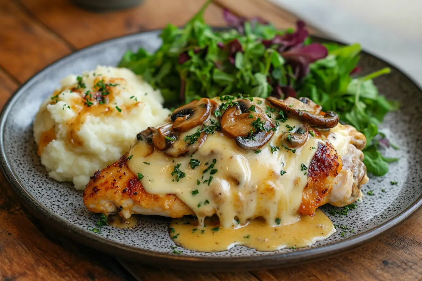 Alice Springs chicken served with greens and mashed potatoes