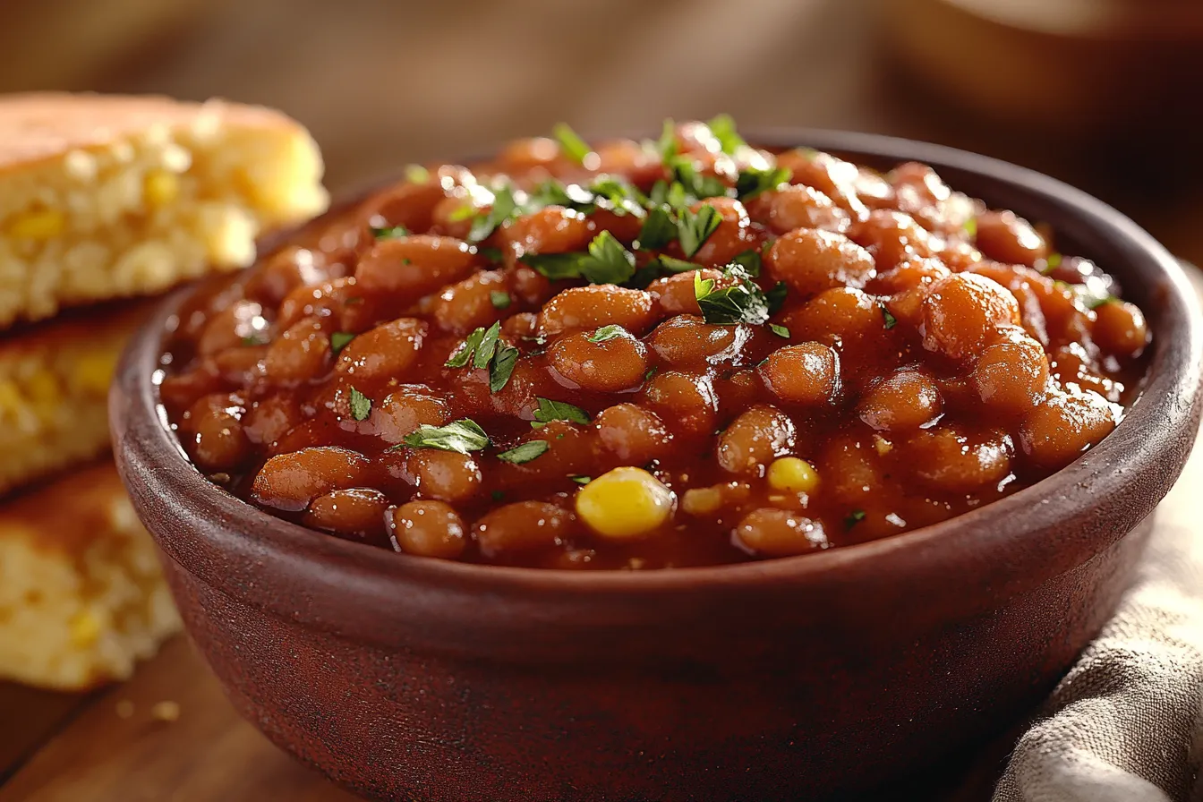 Bowl of homemade baked beans with a rich, glossy sauce and cornbread