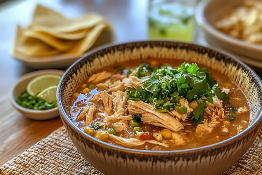 Caldo de pollo served with tortillas and lime wedges