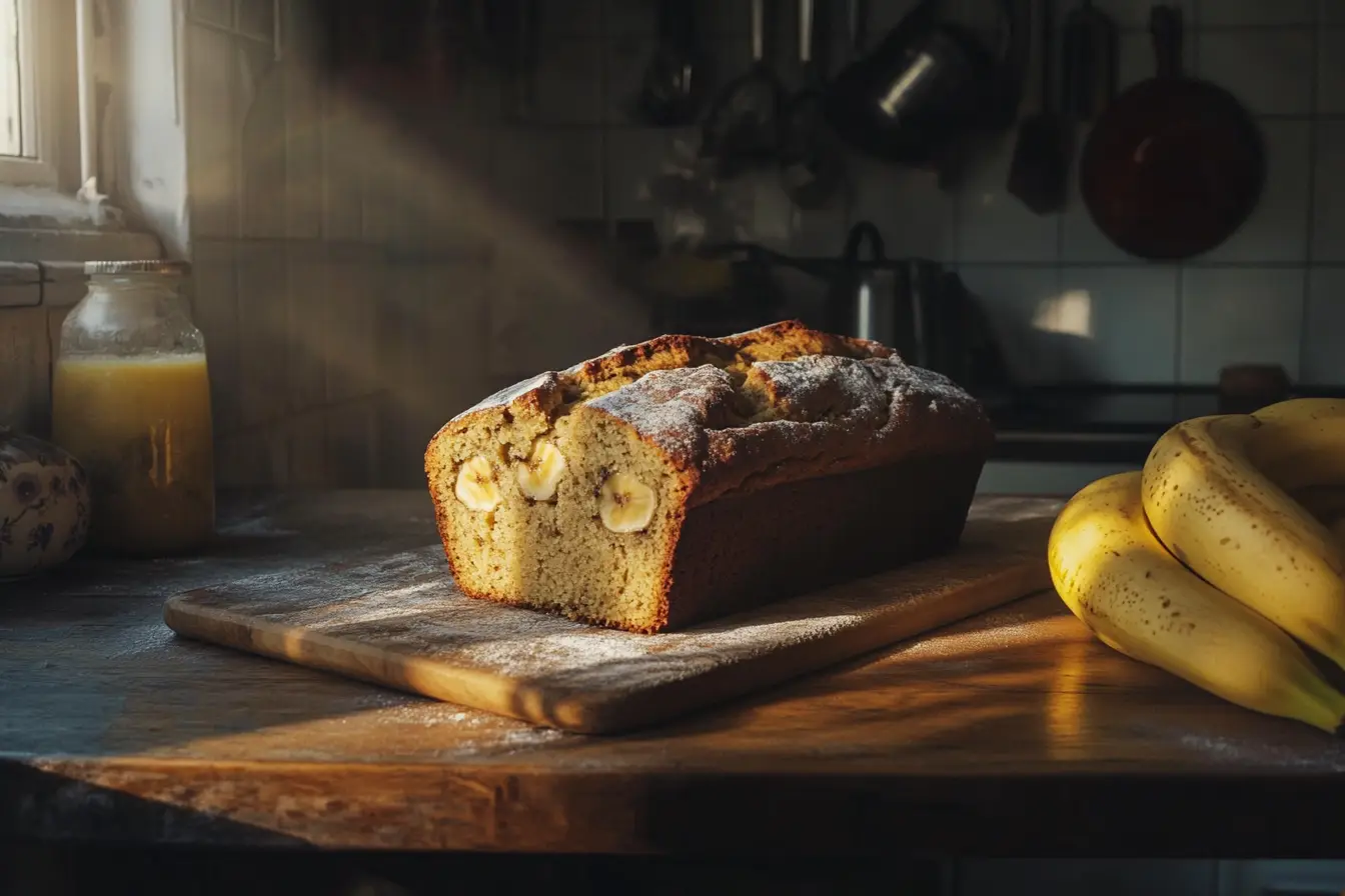 Freshly baked banana bread made with 2 bananas on a wooden table