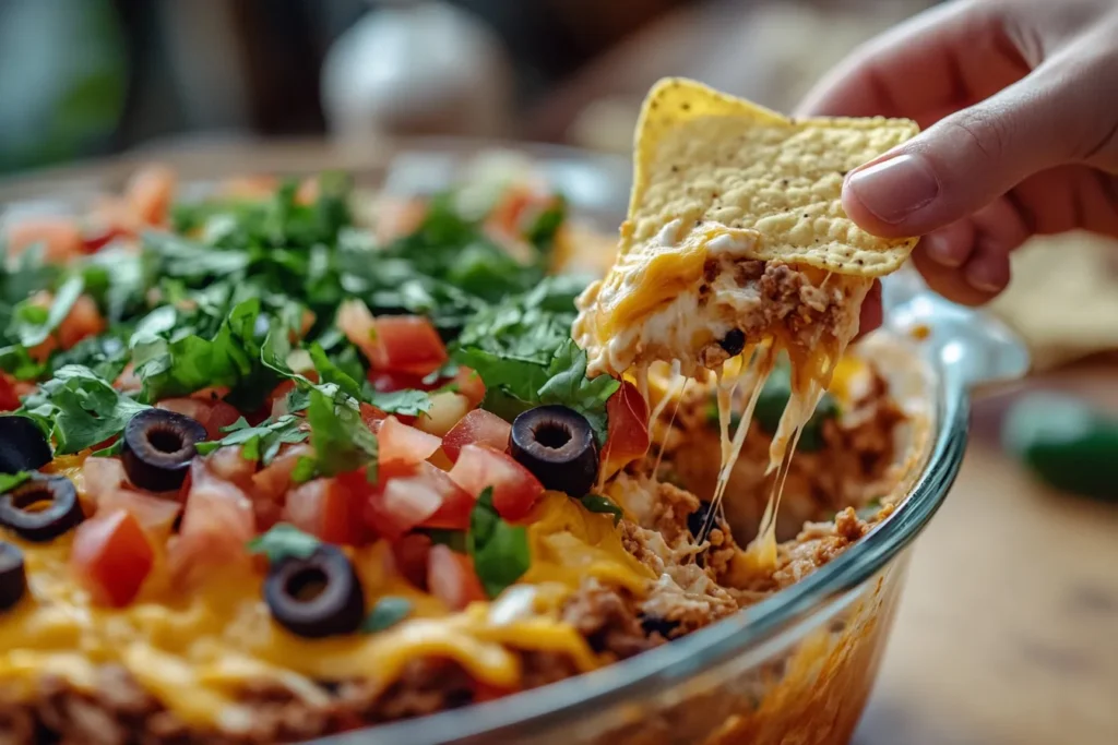 Freshly made taco dip recipe in a glass dish with toppings and a hand scooping with a tortilla chip