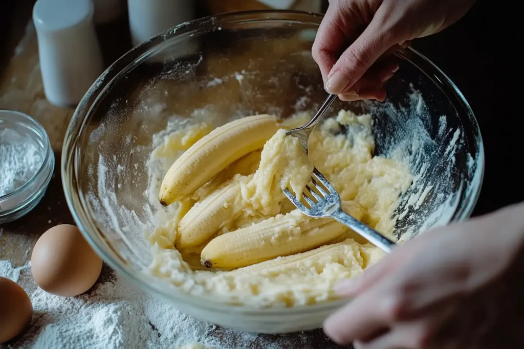 Hands mashing bananas in a bowl with baking ingredients nearby