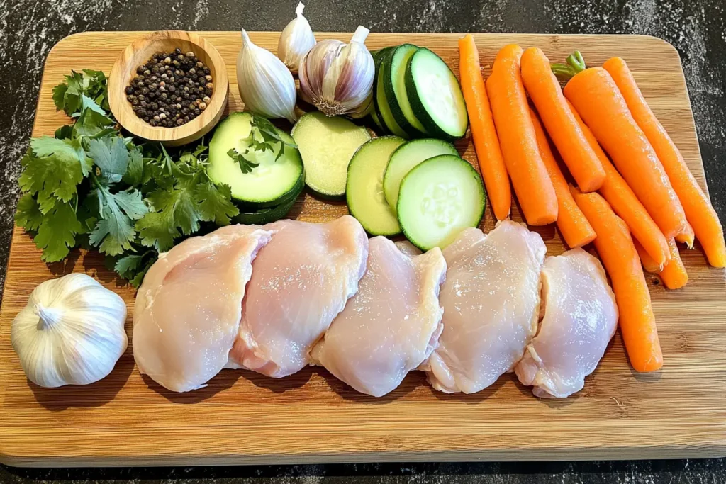 Ingredients for caldo de pollo including chicken, carrots, zucchini, and spices