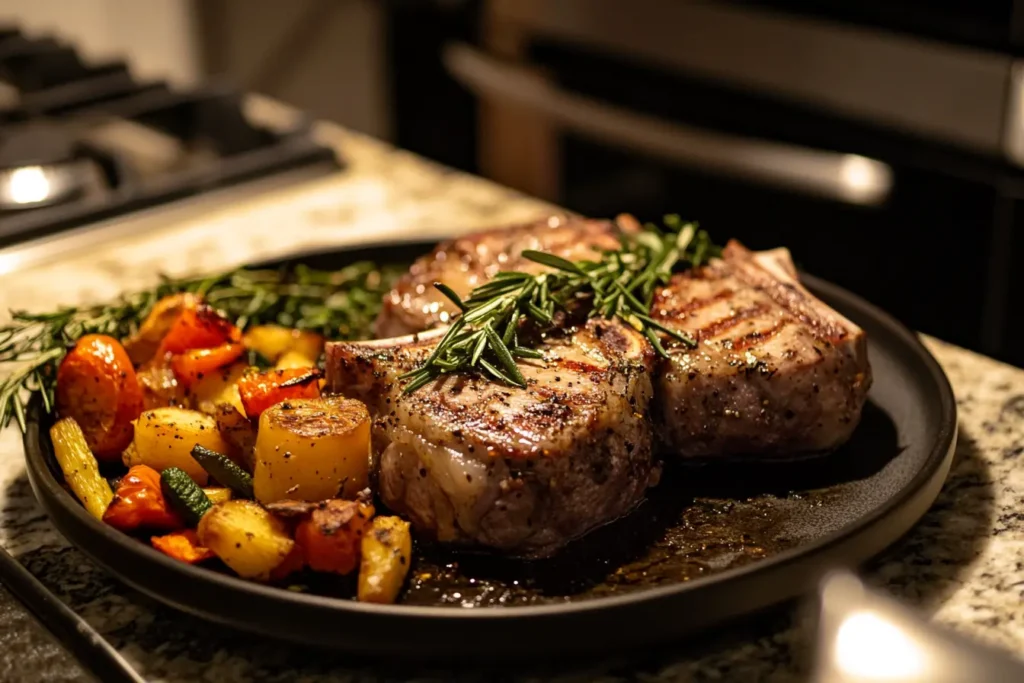 Lamb shoulder chops plated with roasted vegetables