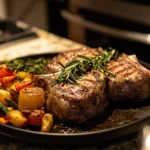 Lamb shoulder chops plated with roasted vegetables