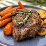 Plated lamb shoulder chop with roasted vegetables and rosemary garnish