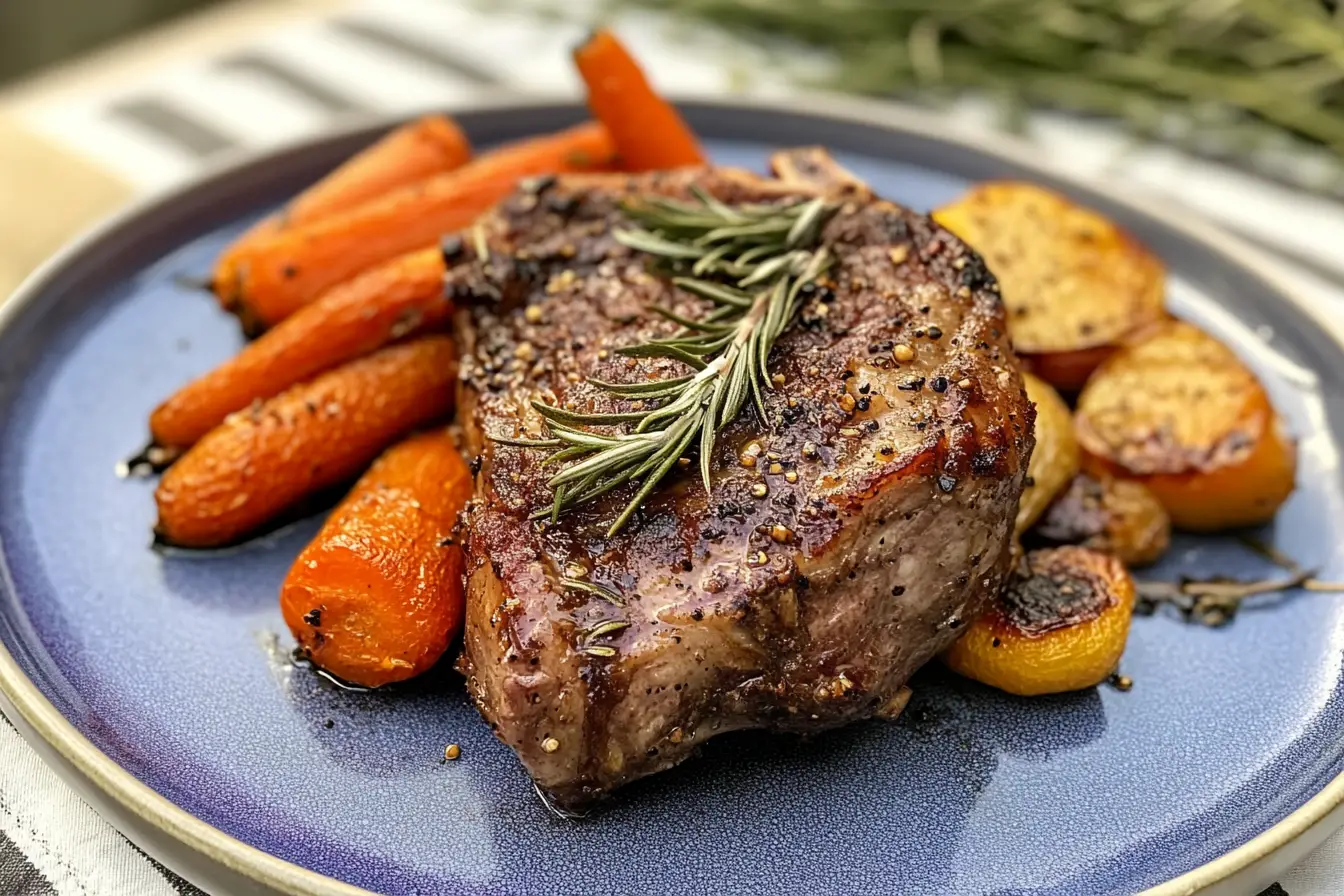 Plated lamb shoulder chop with roasted vegetables and rosemary garnish