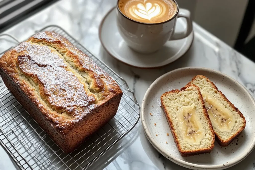 Sliced banana bread cooling on a wire rack with coffee