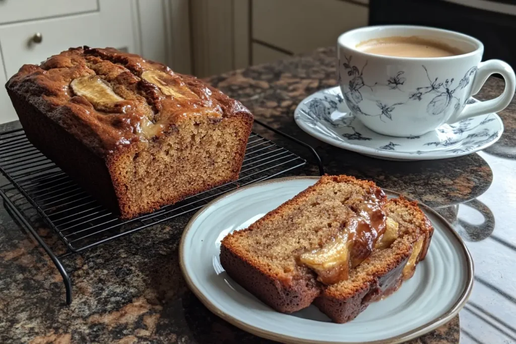 Sliced banana bread cooling on a wire rack with coffee_2