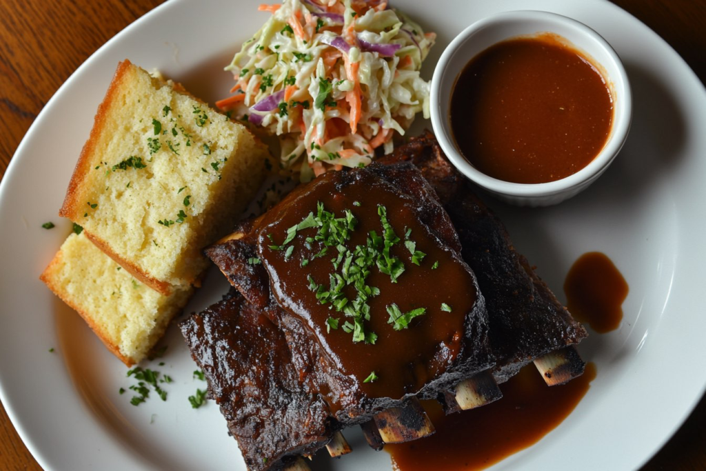 Slow-cooked country style beef ribs with barbecue sauce, coleslaw, and cornbread.A vibrant plate of slow-cooked country style ribs, drizzled with tangy barbecue sauce, and served with sides of coleslaw and cornbread.