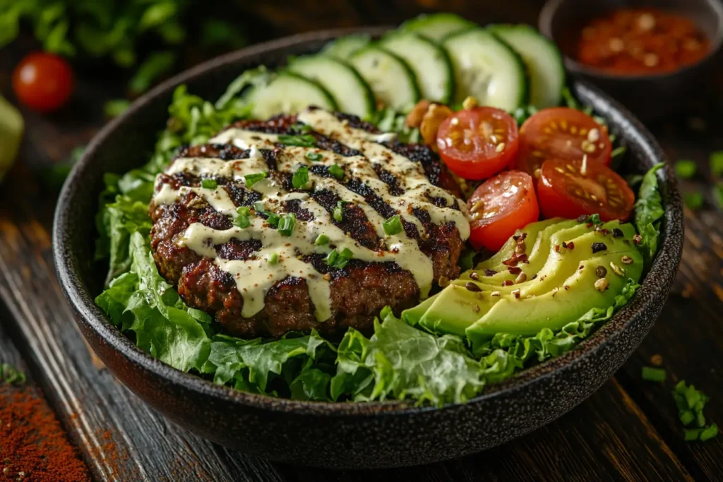 Close-up of layered burger bowl ingredients