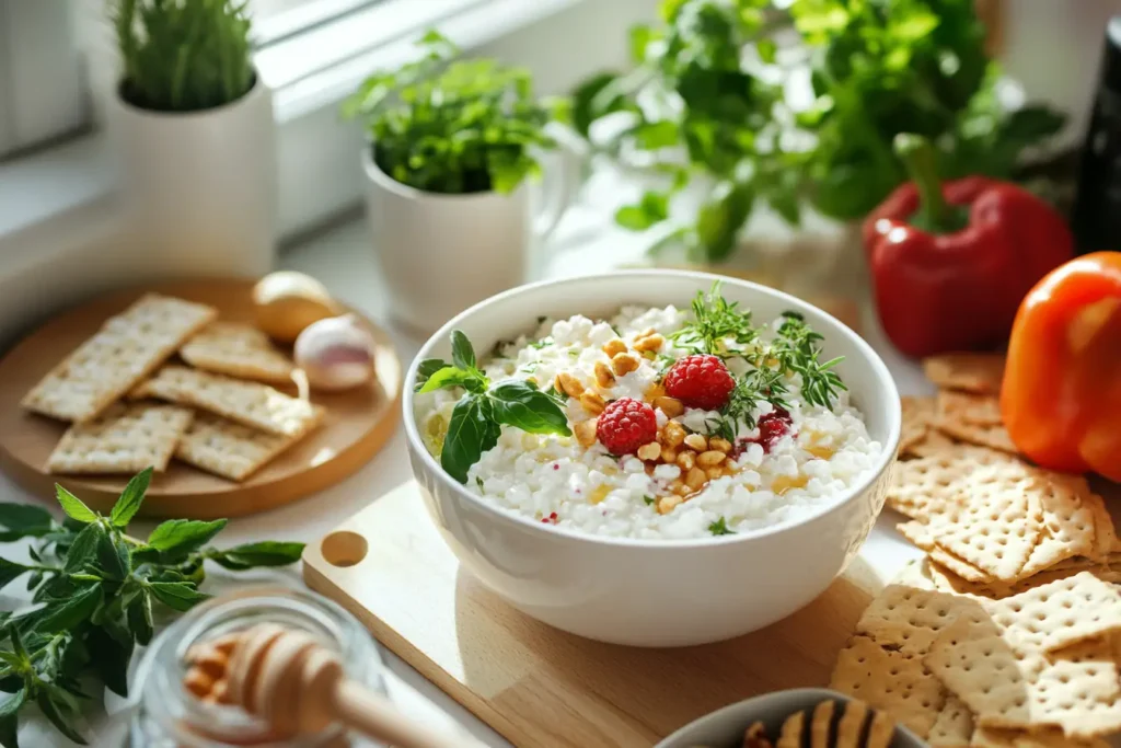 A vibrant display of cottage cheese with fruits, nuts, and vegetables on a bright kitchen counter