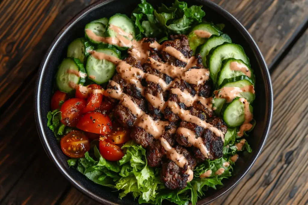 Fresh burger bowl with beef, greens, and toppings.