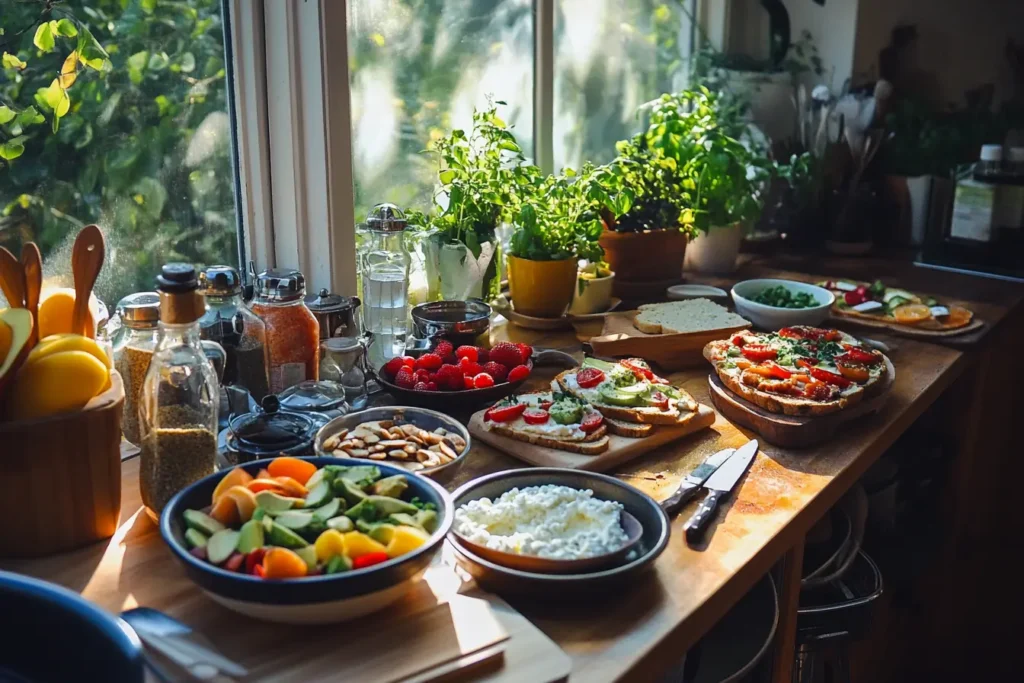 A variety of cottage cheese dishes on a brightly lit kitchen counter.