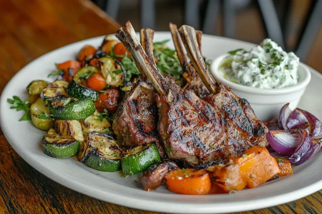 Grilled lamb shoulder chops with roasted vegetables and tzatziki.