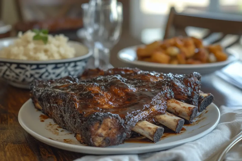 Caramelized country style ribs fresh from the oven with barbecue sauce.