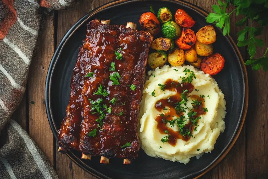 Plate of glazed country-style beef ribs with mashed potatoes and vegetables.