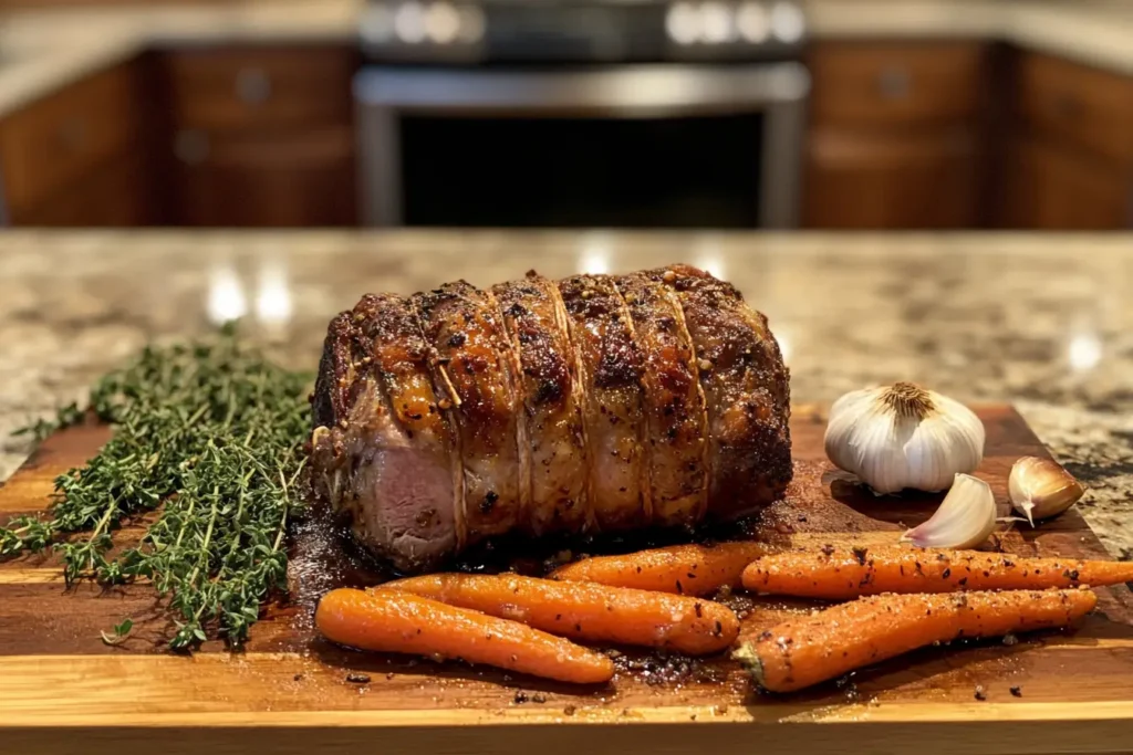 Roasted lamb shoulder with herbs and roasted vegetables on a wooden board.