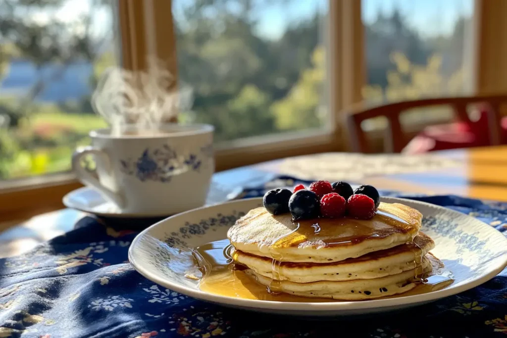 Freshly made sourdough pancakes stacked high with honey and berries