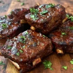 Rested beef country ribs on a cutting board with side dishes.