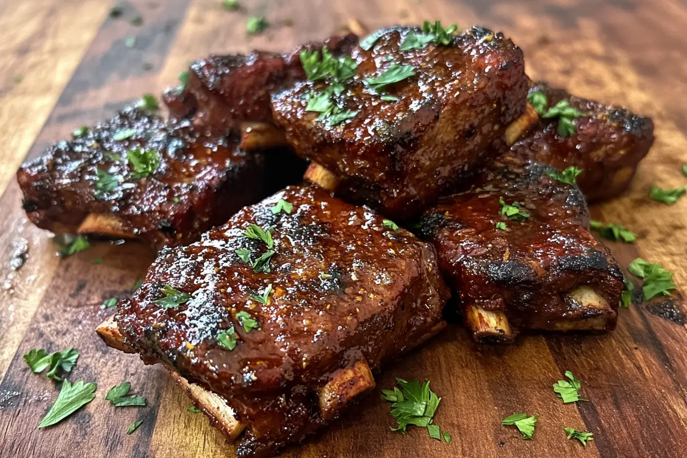 Rested beef country ribs on a cutting board with side dishes.