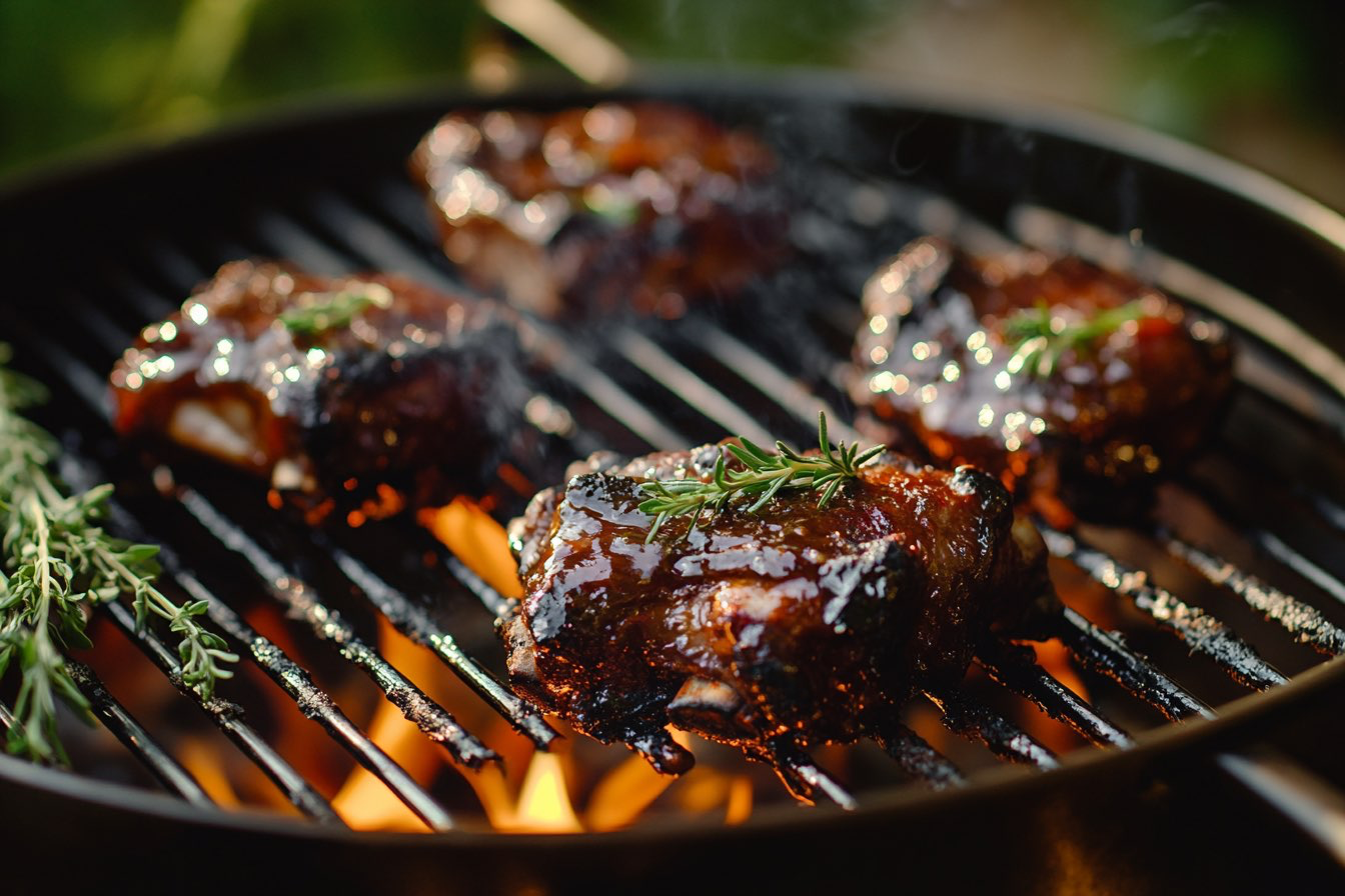 Sizzling beef ribs on a grill with a glossy barbecue glaze and smoky flames.
