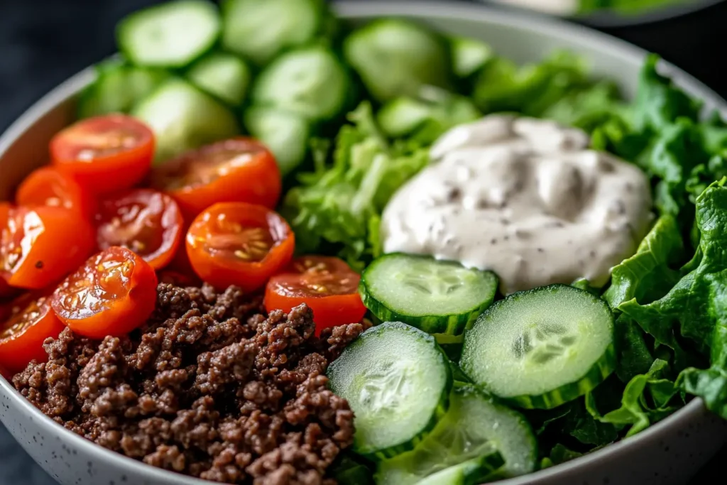 A healthy burger bowl with greens, beef, and toppings.