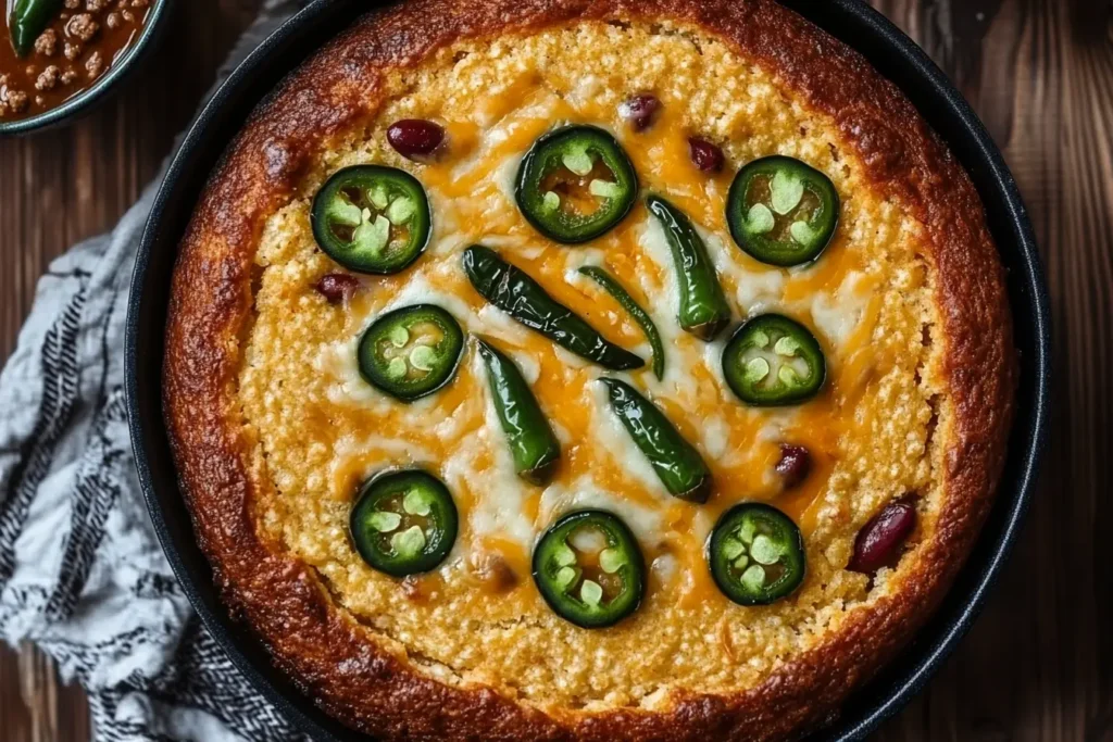 Jalapeño and cheese cornbread in a skillet with a side of chili.