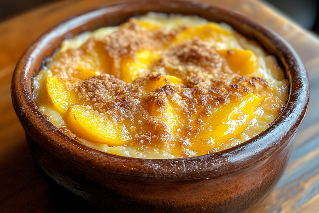 Golden peach crumble served in a rustic ceramic dish with a spoon.