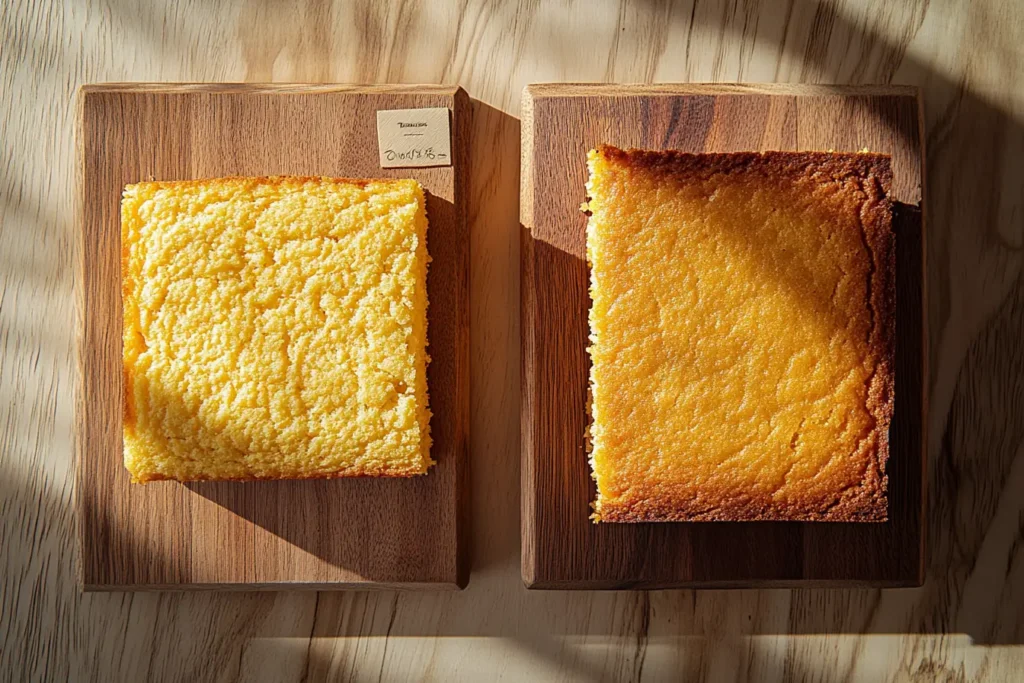 Traditional cornbread and Southern cornbread side by side for comparison.