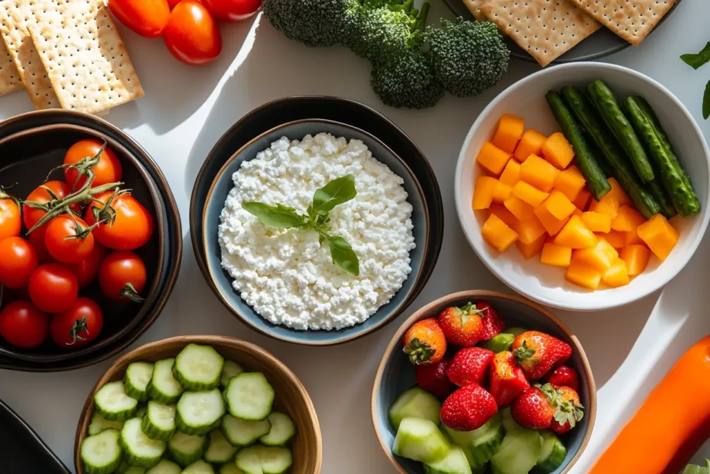 Bowls of cottage cheese with fruit, vegetables, and crackers on a kitchen counter.